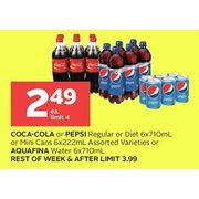 Coca-Cola Or Pepsi Regular Or Diet Or Mini Cans Or Aquafina Water - $2.49